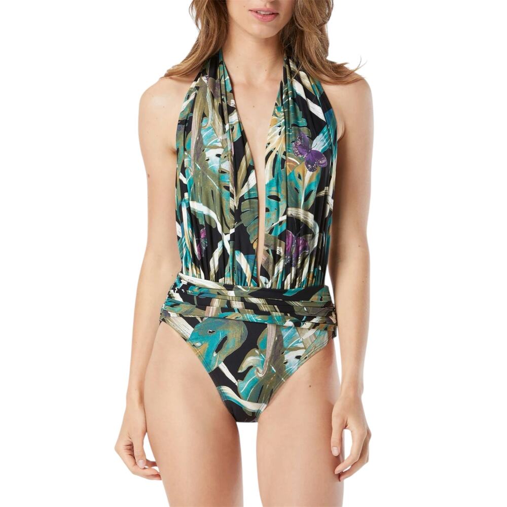 Vince Camuto Rainforest Plunge Black Tropical Halter One-Piece Swimsuit Size 10